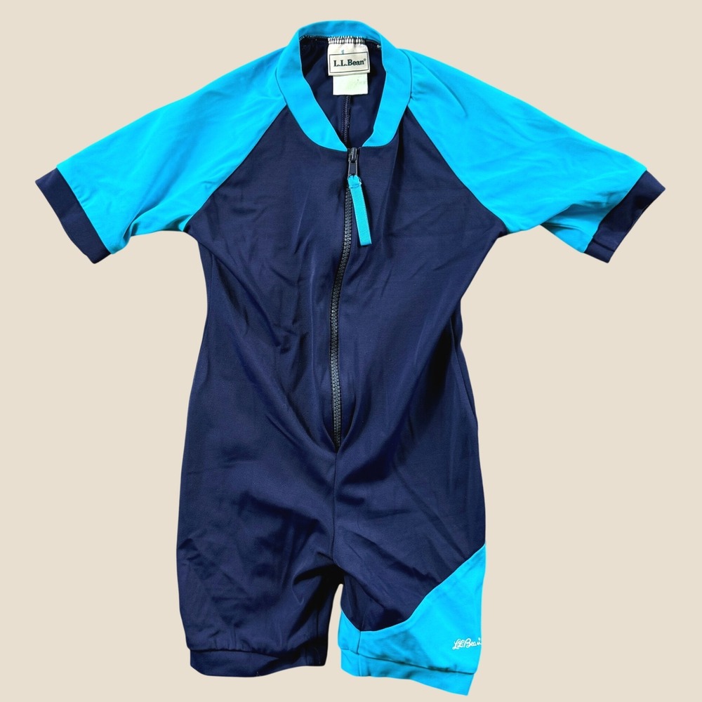 Vintage L.L. Bean Lil Kids S Blue Colorblock One Piece Rash Guard Shorty Pool